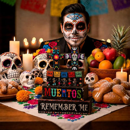 Moucuny 4 Pcs Day of the Dead Table Decorations Day of the Dead Cross Centerpiece for Table Dia De Los Muertos Tiered Tray Decor Wood Sugar Skull Block Signs for Halloween Party Home Shelf Decoration