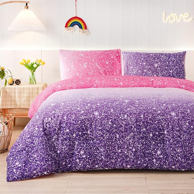 Holawakaka Kids Space Star Glitter Comforter Set Ombre Red & Purple Print Gradient Bedding Set Full Size (Red purple, Full)