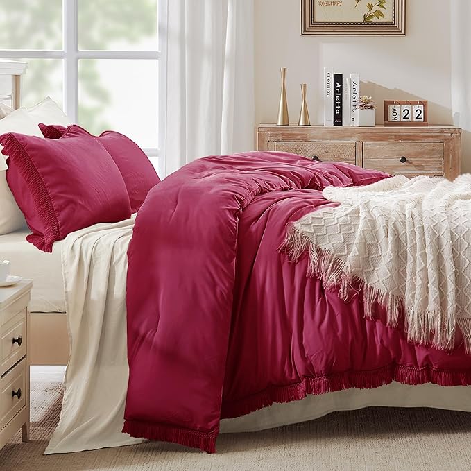 Andency Burgundy Red Tassel Comforter Set Twin(68x90Inch), 2 Pieces(1 boho Comforter, 1 Pillowcase) Farmhouse Shabby Chic Comforter Set, Soft Microfiber Lightweight Fringe Bedding Comforter Set