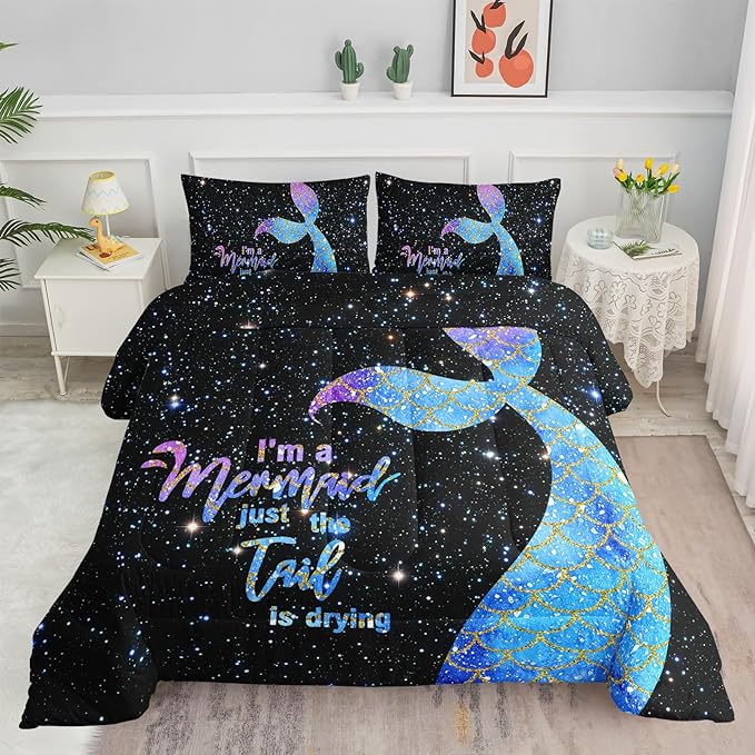 Datura home Bedding Comforter Set Black Starry Sky Mermaid Printed Pattern Quilt with 1 and 2 Pillowcases for Girls Bedroom All Season(Black Full) Full 80x90inches