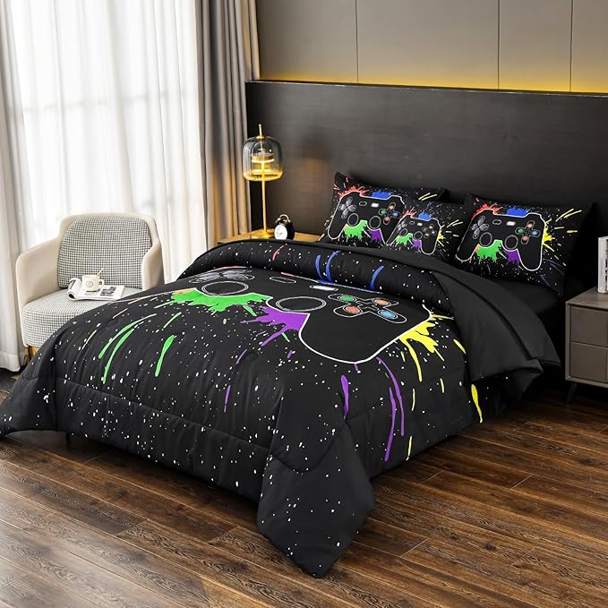 DORCAS Full Size Gamer Comforter Set with Sheets for Boys,Game Console Black Bedding Set for Kids,6 Pieces Bed in a Bag Colorful Graffiti Gaming Controller Comforter,Sheets,Pillowcases (Black, Full)