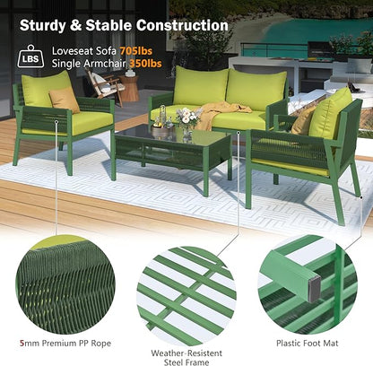 4-Piece Patio Conversation Furniture Set, Rope Weave Outdoor Loveseat Sofa with 2 Armchairs, Thick Cushion&Tempered Glass Table, for Garden Backyard, Onesize, Fluorescent Yellow+Green