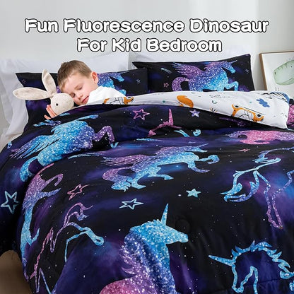 Meeting Story Dinosaur Comforter Set, Fluorescence Gradation Unicorn Twin Comforter Set, 3 PCS 1 Comforter and 2 Pillowcases in One Bag, All Season Bedspread for Kids Teens Adults（Twin）