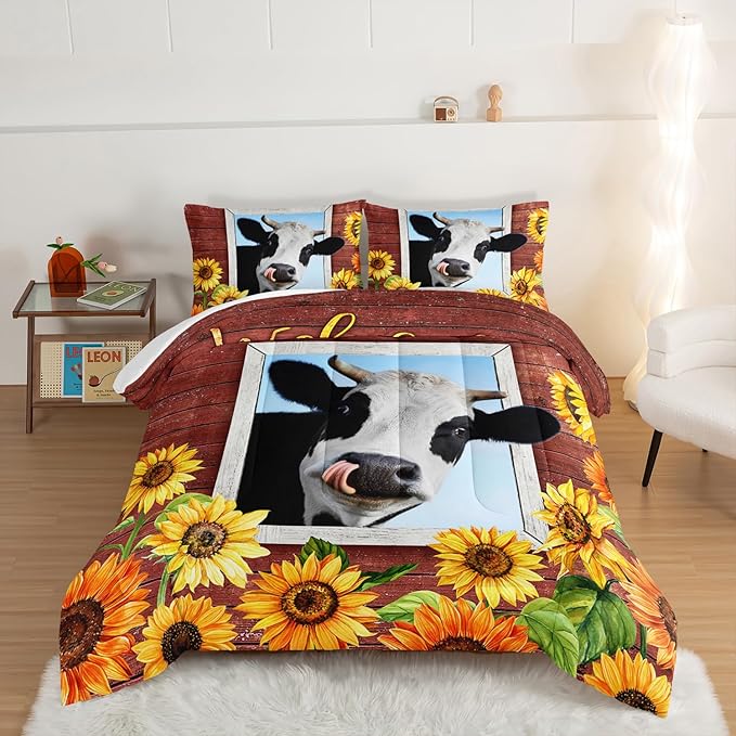HOSIMA Farmhouse Animal Cow Comforter with 2 Pillowcases,Wooden Decor Terracotta Comforter Twin Bed in a Bag Sets for Adults Teens,Cow Print Bedding Room Decor,Sunflower Comforter Set.