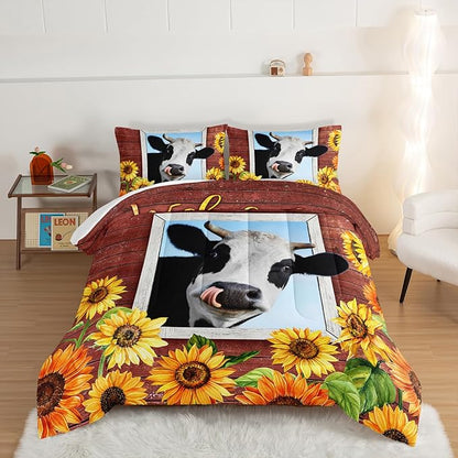 HOSIMA Farmhouse Animal Cow Comforter with 2 Pillowcases,Wooden Decor Terracotta Comforter Set Queen Size for Adults Teens,Cow Print Bedding Room Decor,Sunflower Comforter Set.