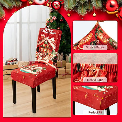 6PCS Christmas Dining Chair Covers Stretch Removable Washable Dining Room Chair Protector Slipcovers Santa Claus House Wreaths Kitchen Chair Cover Slipcover Protector for Xmas Holiday Party Home Décor