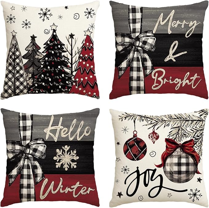 AVOIN colorlife Merry Christmas Joy Xmas Trees Red Throw Pillow Covers, 16 x 16 Inch Christmas Winter Holiday Cushion Case Decoration for Sofa Couch Set of 4