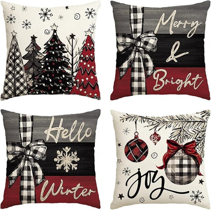 AVOIN colorlife Merry Christmas Joy Xmas Trees Red Throw Pillow Covers, 16 x 16 Inch Christmas Winter Holiday Cushion Case Decoration for Sofa Couch Set of 4