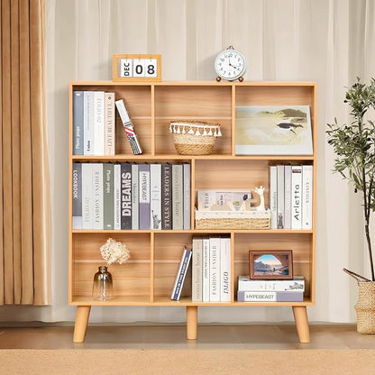 LEYAOYAO Wooden 8 Cube Book Shelf, Natural 3 Tier Bookshelf with Legs, Modern Open Storage Organizer,Boho Bookcase,Display Cabinet Shelf Free Standing Bookshelves for Bedroom,Living Room,Office
