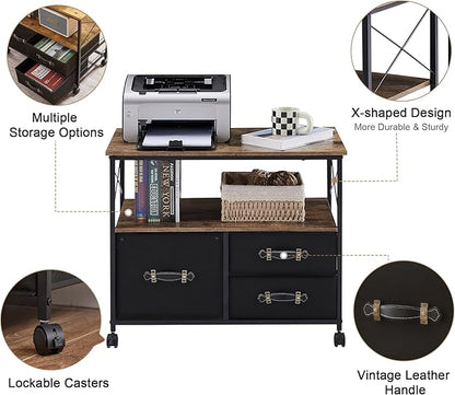 VECELO Mobile File Cabinet, Rolling Printer Stand with Open Shelf Fabric Lateral Storage Station for Home Office, Adapts Letter Size Hanging Folders, Brown, 3 Drawer