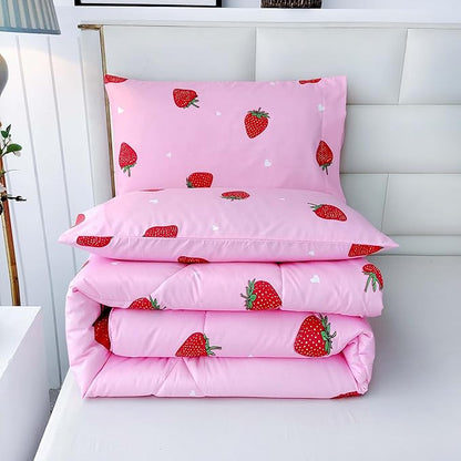 SDY 3PCS Full Size Strawberry Comforter Set, Girls Full Size Comforter Sets, Strawberry Bedroom Decor Cute Comforter Set, Kawaii Bedding Set Pink Comforter for Kids, Children, Teen…
