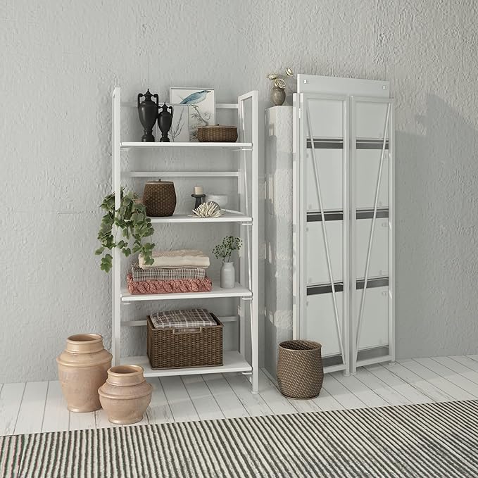 No-Assembly Folding Bookshelf Storage Shelves 4 Tiers Vintage Multifunctional Plant Flower Stand Storage Rack Shelves Bookcase for Home Office (All White)