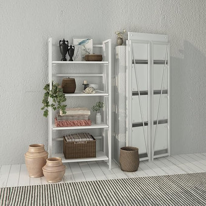 No-Assembly Folding Bookshelf Storage Shelves 4 Tiers Vintage Multifunctional Plant Flower Stand Storage Rack Shelves Bookcase for Home Office (All White)