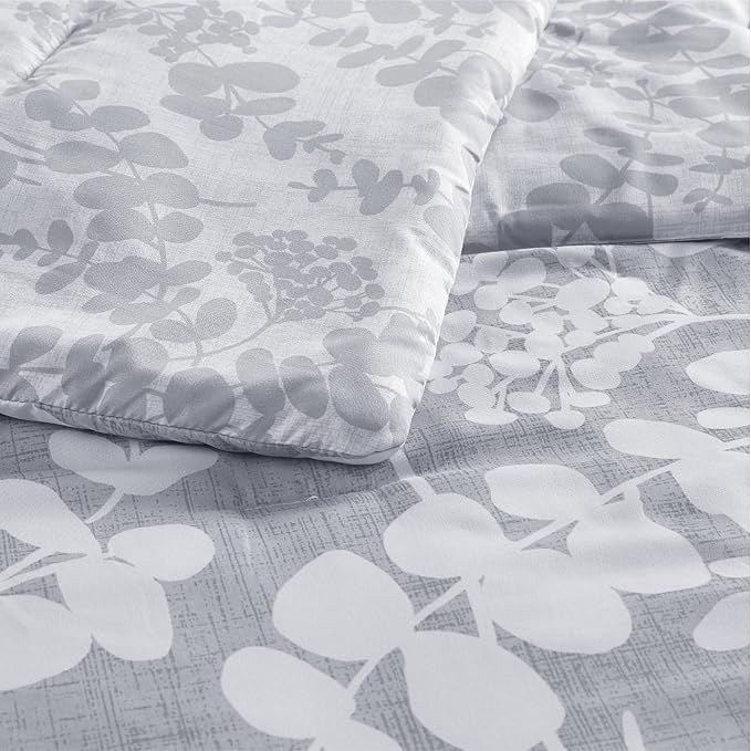 Codi Gray Floral Comforter Set Queen Size, Botanical Bedding Sets | Nature Style, Unique Reversible Design, Better for Spring and Summer | Leaf Print 3 Pieces