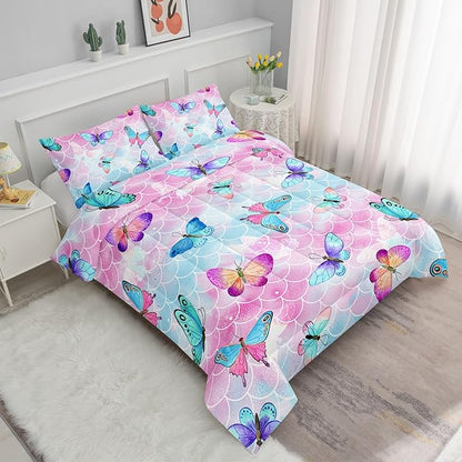 Datura home Kids Comforter Set Mermaid Scale Butterfly Printed Pattern Bedding Set with 1 Comforter and 2 Pillowcases for Girls Boys Bedroom All Season(Mermaid Full)