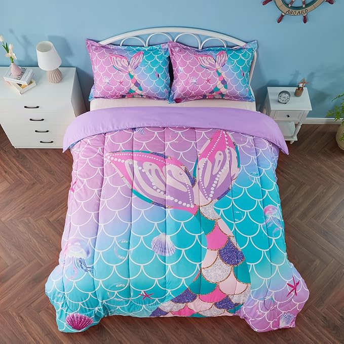 Full Size Comforter Sets for Girls Mermaid Tail Rainbow Scales Bedding Set 3 Pieces Full Comforter with 2 Pillowcases for Kids, Teenagers