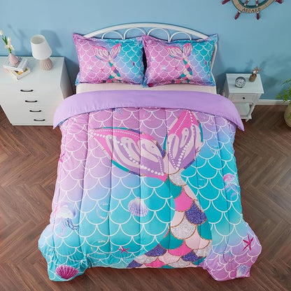 Queen Size Comforter Sets for Girls Mermaid Tail Rainbow Scales Bedding Set 3 Pieces Queen Comforter with 2 Pillowcases for Kids, Teenagers