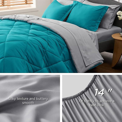 Bedsure Teal California King Size Comforter Set - 7 Pieces Reversible California King Bed in a Bag King Bed Set with Comforters, Sheets, Pillowcases & Shams, California King Bedding Sets