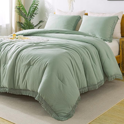 Andency Queen Comforter Set Sage Green, 3 Pieces Boho Tassel Lightweight Bedding Comforter Sets, Winter Soft Fluffy Fringe Bed Set (90x90In Comforter & 2 Pillowcases)
