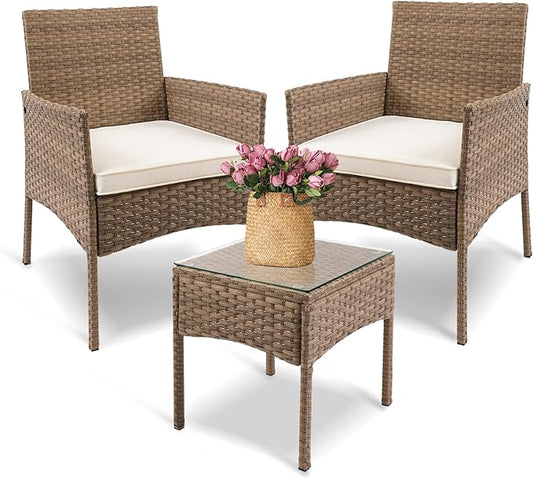 YIYAN 3 Pieces Patio Bistro Set Outdoor Wicker Furniture Outdoor Porch PE Rattan Wicker Chairs Furniture Sets with Sofa Chairs,Glass Coffee Table and White Washable Cushion