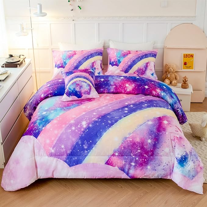 6Pcs Teen Pink Bedding Set Full for Girls, 3D Tie Dye Comforter Pink Colorful Rainbow Kids Comforter Set, Ultra Soft Pastle Nebula Printed Bed in A Bag with Sheets