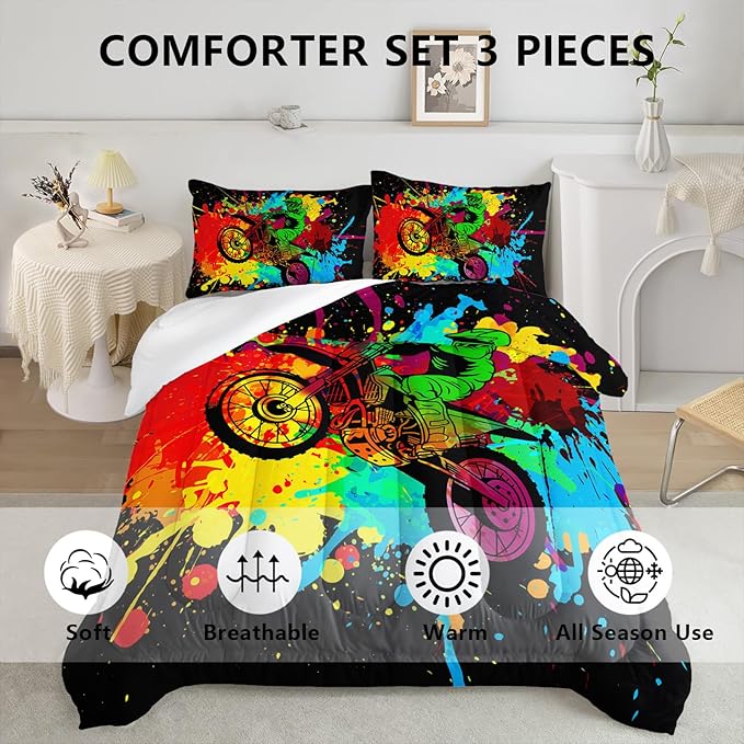 Axolotl Motocross Bedding Set Queen,Dirt Bike Comforter Set,Extreme Sports Bedding,Motorcycle Racer Comforter Set Motocross Comforter Motor Vehicles Biker For Boys Kids Teens Men,1 Quilt 2 Pillowcases
