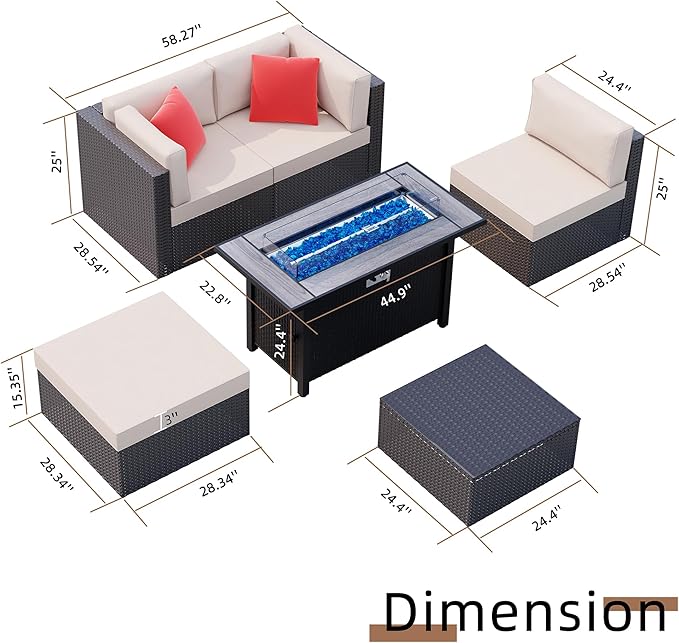 Shintenchi 6 Pieces Patio Furniture Sets w/Fire Pit Table, Outdoor Conversation Set w/50,000 BTU Steel Gas Fire Pit, Beige Patio Rattan Sectional Sofa Set w/Brown Top Fire Pit