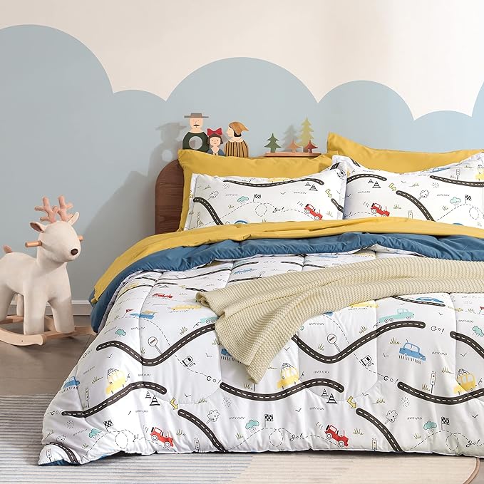 SLEEP ZONE Kids Bedding Full/Queen Comforter Set - Cute Printed for Boys, Girls, Teens, Super Soft, Fade Resistant, Car Road, Full/Queen