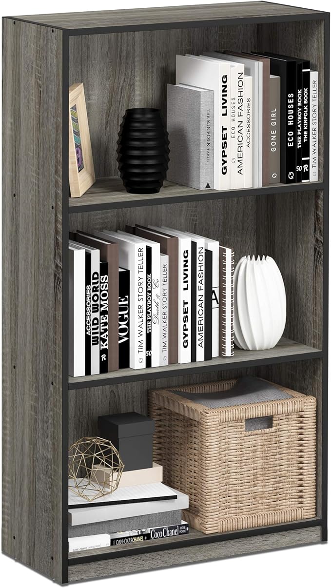 FURINNO Basic 3-Tier Bookcase Storage Shelves, French Oak Grey/Black