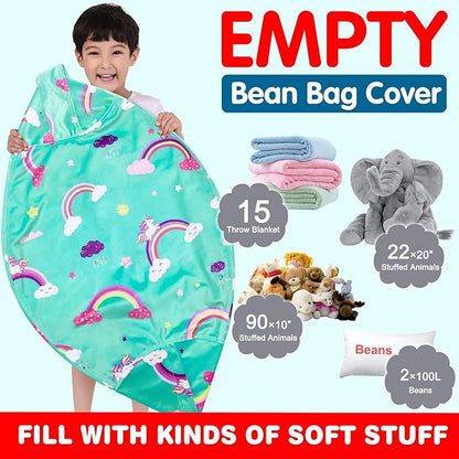 Lukeight Unicorns Stuffed Animal Storage Bean Bag Chair Cover for Kids, Unicorns Zipper Beanbag Chair Cover for Organizing Toddler & Kids' Rooms Plush Toys (Rainbow Green, X-Large)