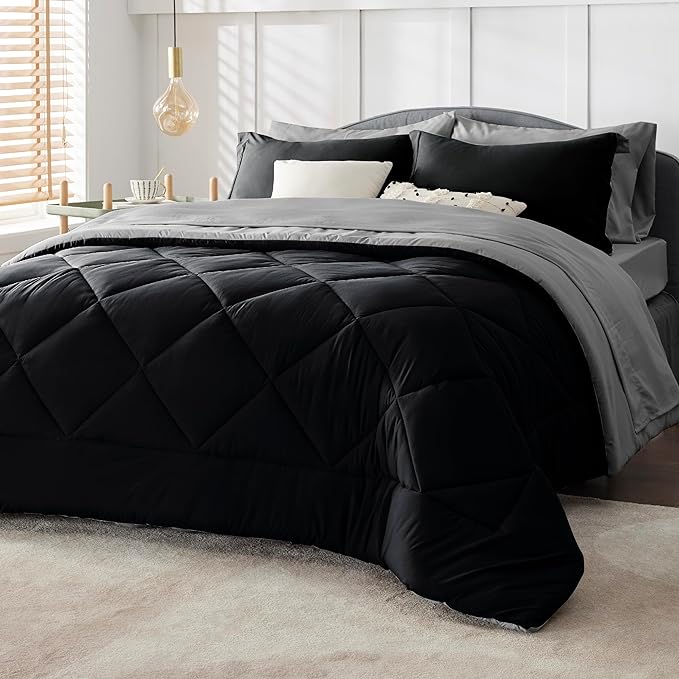 Bedsure Black Comforter Set King - 7 Pieces Reversible Black Bed Set King, Black Bedding Set King with Comforters, Sheets, Pillowcases & Shams, King Size Black Bed in a Bag