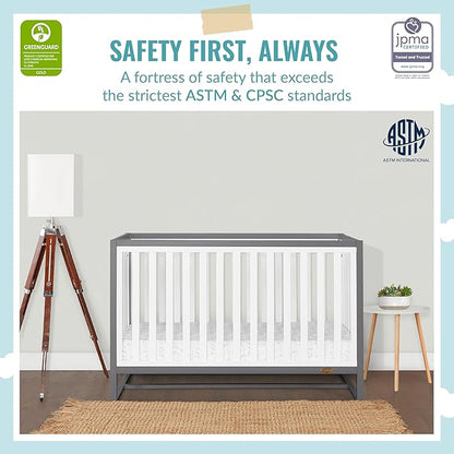 Arlo 5-in-1 Convertible Crib in Steel Grey and White, JPMA Certified, 3 Mattress Height Settings, Non-Toxic Finish, Made of Sustainable and Sturdy Pinewood
