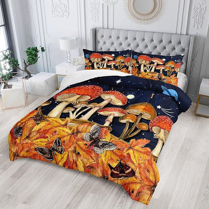 Galaxy Mushroom Comforter Set Queen Size Kids Mushroom Butterfly Bedding Set Leaves Quilt Bed Set for Boys Girls Adults with 1 Comforter and 2 Pillowcases
