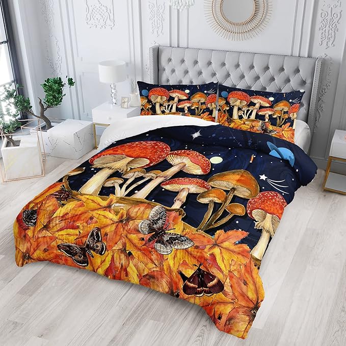 Galaxy Mushroom Comforter Set Full Size Kids Mushroom Butterfly Bedding Set Leaves Quilt Bed Set for Boys Girls Adults with 1 Comforter and 2 Pillowcases