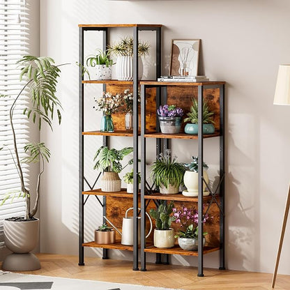 Furologee 5 Tier Bookshelf with Back, Tall Narrow Bookcase, Rustic Standing Shelf Units, Metal and Wood Display Storage Rack Organizer for Bedroom, Living Room, Home Office, Entryway