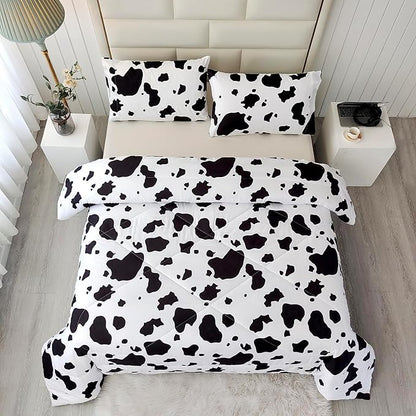 SDY 3 Pieces Milk Cow Print Stuff Bedding Comforter Set with 2 Pillowcases for Kids Teens Girls Women, Microfiber, Easy Wash, Light Breathable Cozy White Base Cute Milk Cow Pattern, Twin Size