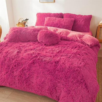 FOPPA Hot pink fluffy Comforter Cover Set king- Ultra Soft fluffy hot pink Bedding Sets 3 Pieces (1 Duvet Cover + 2 Pillow case) hot pink fluffy bed set (Hot pink, King)