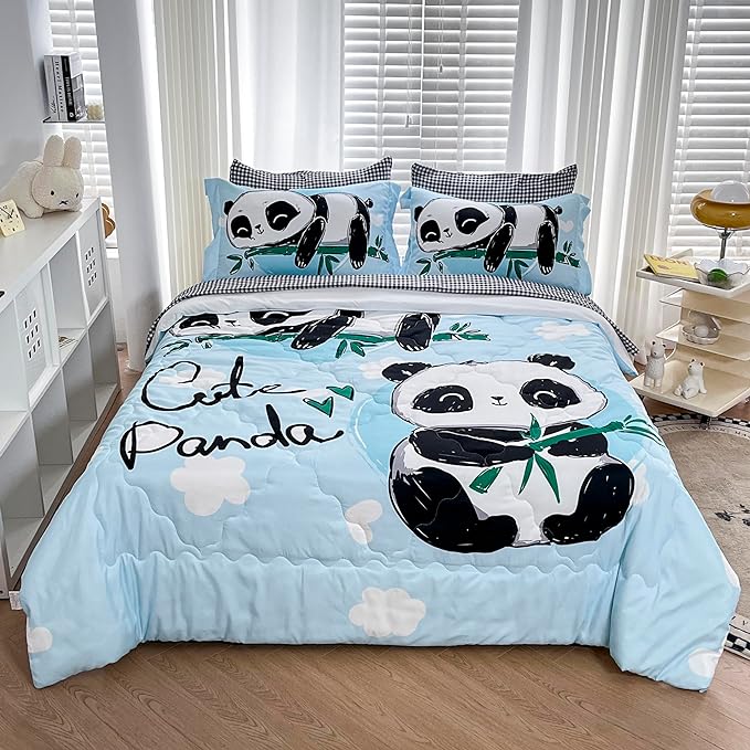 Wajade Kids Panda Comforter Set Bed in A Bag Full Size 7 Piece Blue 3D Cute Panda Bamboo Clouds Bedding Set for Girls Boys (1 Comforter, 1 Flat Sheet, 1 Fitted Sheet, 2 Pillowcase and 2 Pillow Sham)