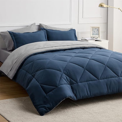 Bedsure Navy Bed Sets Twin - 5 Pieces Reversible Twin Comforter Sets, Twin Bedding Set with Comforters, Sheets, Pillowcase & Sham