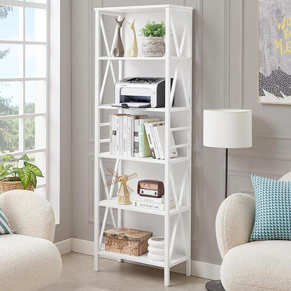 HOMISSUE Bookshelf, 6-Tier Tall Bookshelf, Rustic Wood Metal Bookshelves and Bookcases, Freestanding Open Bookshelf, Industrial Bookcase for Home Office, Living Room and Bedroom, White