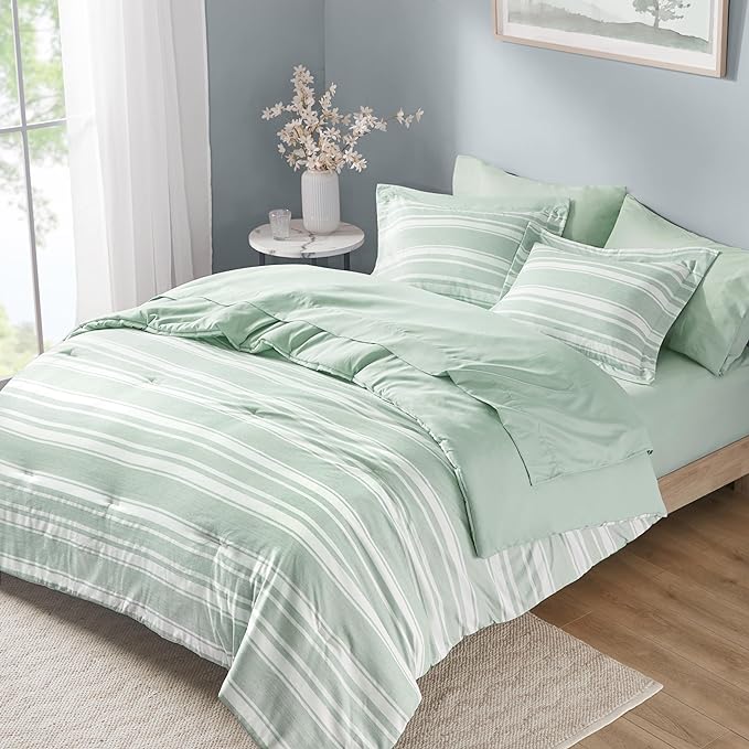 Codi Bed in a Bag Twin Size Complete Set, Sage Green White Striped Single Comforter Set 5 Piece for Teen, Modern Neutral Cationic Dyeing Bed Sets with Comforter, Sheets, Pillowcases & Shams