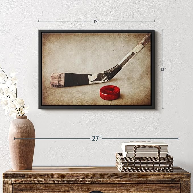 Elephant Stock Vintage Ice Hockey Wall Art - Horizontal Framed Canvas - 1-Piece Hallway Wall Decor - Photography Sports Canvas Print - Brown and Beige Decor for Wall - 19" X 13"
