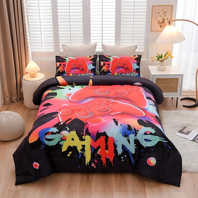 Aimuan Gaming Comforter Sets for Boys Kids Bedding Sets Video Games Console Action Buttons Novelty Colorful Game Gamepad Controller Modern Gamer Room Decor Home Quilt Set (Twin, Black)