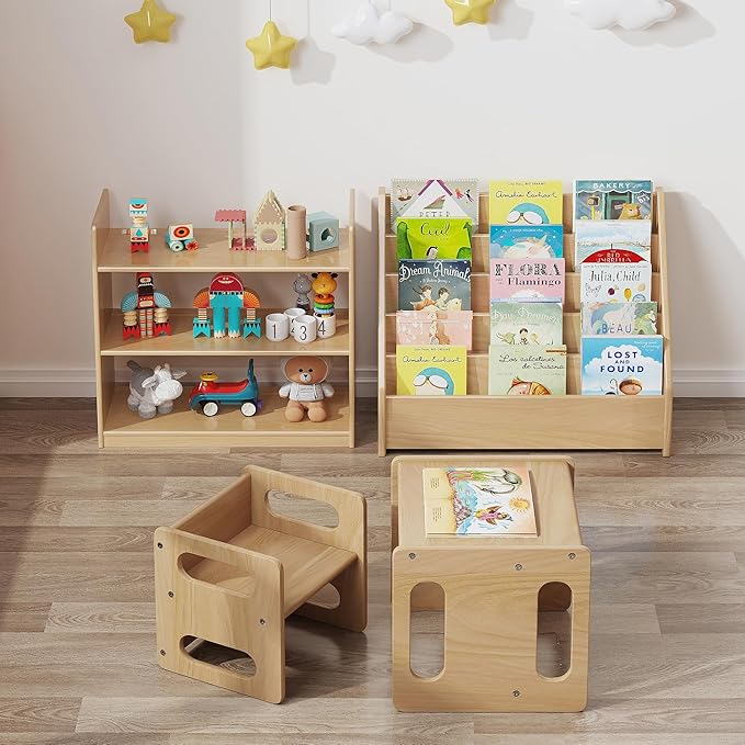 Front-Facing Montessori Bookshelf,5 Tier Book Display Shelf for Toddler,Kids Storage Magazine Rack,Solid Wood Bookcase Organizer,Perfect for Playroom,Bedroom,Study Living Room,Nursery,Classroom