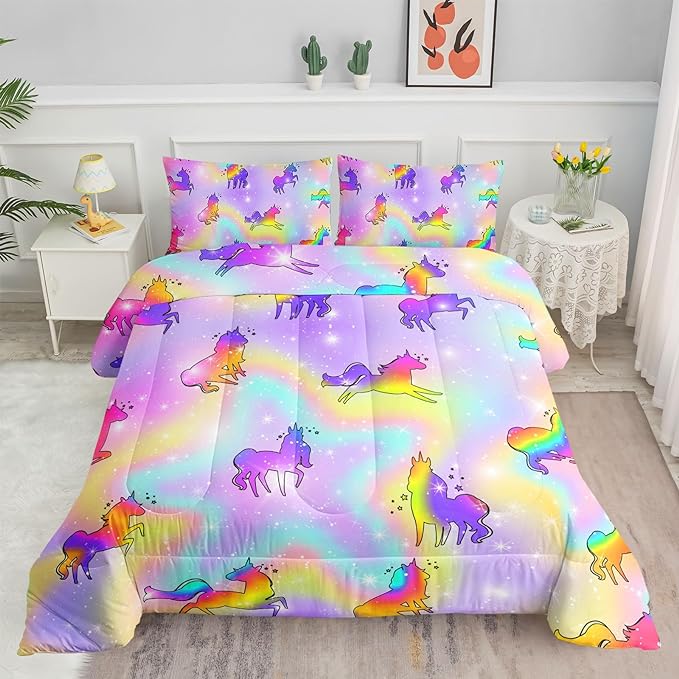 Datura home Unicorn Rainbow Comforter Bedding Set for Girls Kids Children Teens,Sky Glitter Star Colorful Bedding Set with 1 Comforter and 2 Pillowcases(Unicorn3 Queen)