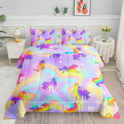 Datura home Unicorn Rainbow Comforter Bedding Set for Girls Kids Children Teens,Sky Glitter Star Colorful Bedding Set with 1 Comforter and 2 Pillowcases(Unicorn3 Twin)
