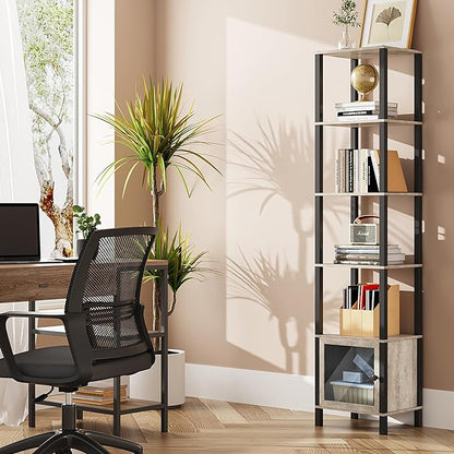 TUTOTAK 6 Tier Bookcase and Bookshelf, Narrow Book shelf with Door for Small Space, for Living Room, Office, Study, Entryway, Greige BS03BG006