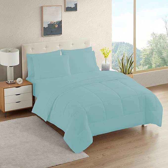 Dorm Room Essentials College Bedding Comforter Set 7 Piece Full Size Bed in a Bag for College Students Boys and Girls, Full, Misty Blue