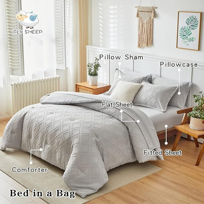 7 Pieces Tufted Bed in a Bag Queen Comforter Set with Sheets Light Grey, Soft and Embroidery Shabby Chic Boho Bohemian, Solid Color with Diamond Pattern, Jacquard Tufts Bedding Set for All Season