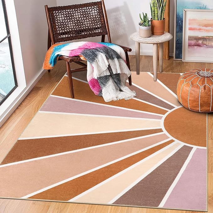 Topotdor Sun Rainbow Area Rug 4 x 6ft Boho Kids Nursery Rug, Colorful Washable Area Rug Ultra Soft Circle Classroom Rug Non-Slip for Bedroom Living Room Playroom Decor, Orange